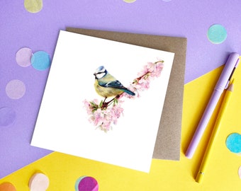 Cute Blue Tit on Pink Blossom Greetings Card / Blank Inside / Garden Bird Lover Card