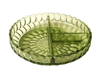 Vintage Imperial Provincial Thumbprint Avocado Green Relish Dish 3P - Fenton Avocado Green Dish - Indiana Glass Avocado Green dish - Fenton