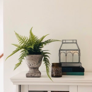 Faux Fern Arrangement: Rustic Cement Urn, Farmhouse Decor