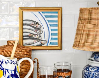 Original Sardines Oil Painting: Coastal Kitchen Wall Art, Framed