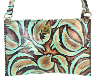 Turquoise & Brown Western Floral Leaf Embossed Leather Crossbody Handbag