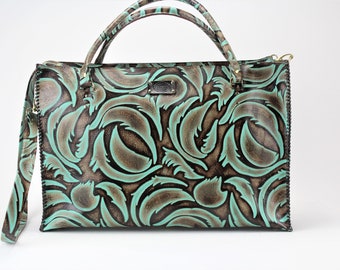 Handmade Turquoise & Brown Leaf Embossed Leather Briefcase/Handbag