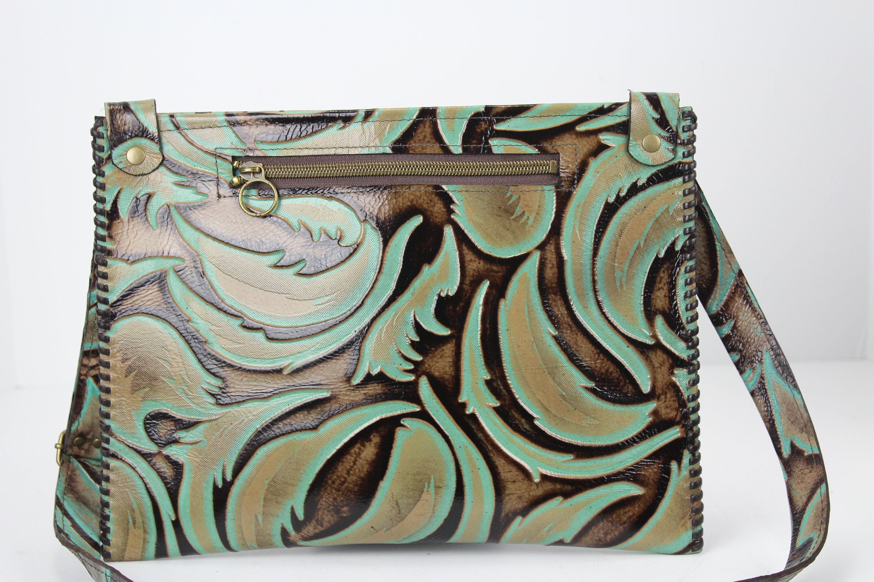 Turquoise & Brown Western Floral Leaf Embossed Leather Crossbody Handbag