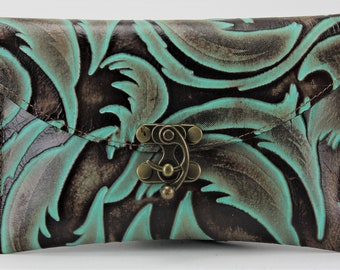 Turquoise & Brown Western Floral Leaf Embossed Leather Crossbody Pouch