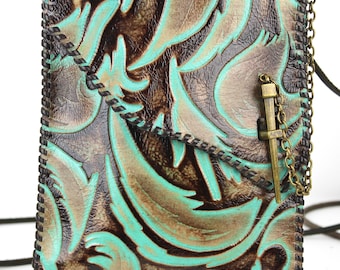 Handmade Turquoise and Brown Leaf Embossed Leather Crossbody Pouch