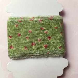 Pink Rosebud Fabric Trim Strips: Hand-Frayed Green Floral Edges