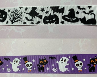 Halloween Spooky Black On White Witches Cats Ghosts on Purple Grosgrain Ribbons for Junk Journals Crafts  Mixed Media Collage Sewing