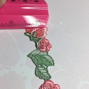 Pink Rosebud Lace with Openwork Green Leaves By-the-Foot for Craft Projects Junk Journals Sewing Collage Mixed Media image 2