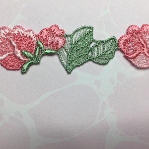 Pink Rosebud Lace with Openwork Green Leaves By-the-Foot for Craft Projects Junk Journals Sewing Collage Mixed Media image 1