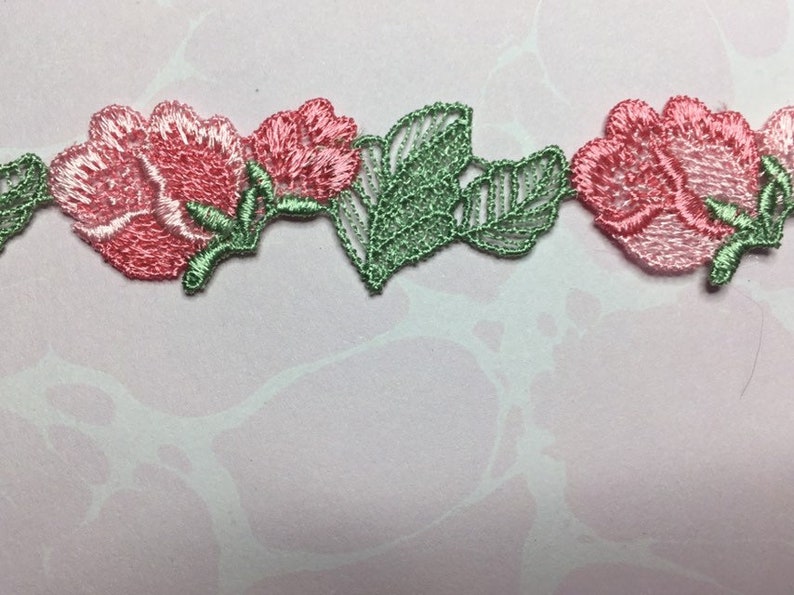 Pink Rosebud Lace with Openwork Green Leaves By-the-Foot for Craft Projects Junk Journals Sewing Collage Mixed Media image 1