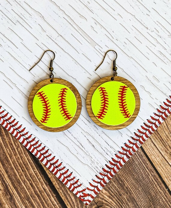 Softball Earrings Leather Softball Earrings Softball Dangle Etsy