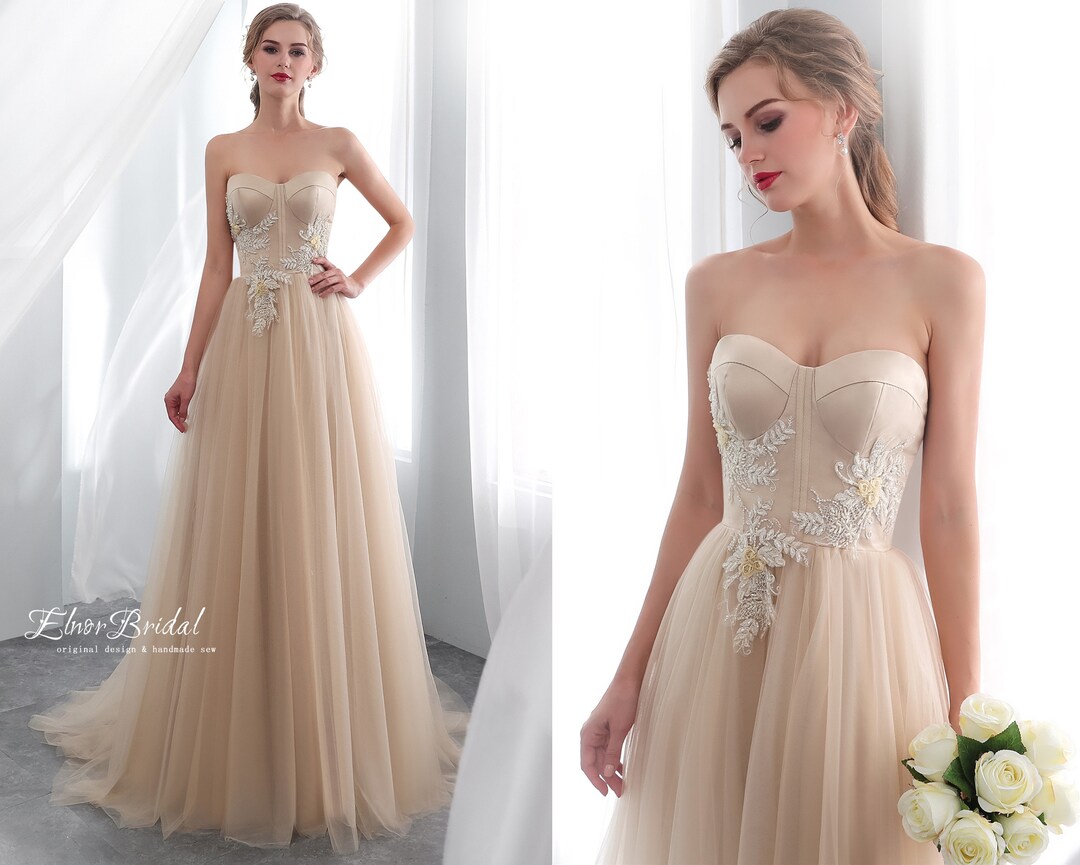 A Line Champagne Long Prom Dress Sexy Evening Dresses   fg7663