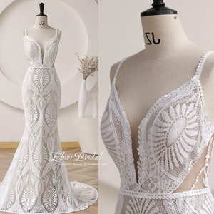 Bohemian Lace Wedding Dresses 2024,V Neck Mermaid Wedding Dress,Sexy Backless Bridal Gowns,Handmade Boho Lace Wedding Gowns