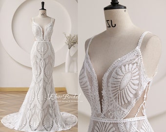 Neue Vintage Meerjungfrau Hochzeitskleider, Sexy V-Ausschnitt 3D
