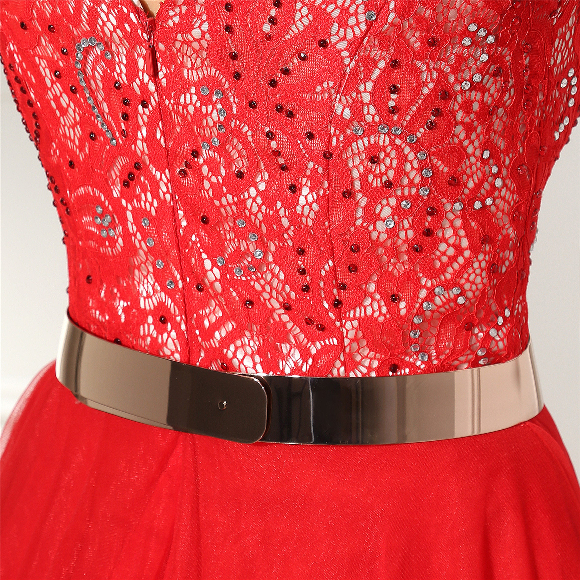 Modest Red Lace Prom Dresses Fairya Line Gold Belt Prom Dress Etsy