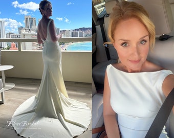 Minimalist Mermaid Wedding Dresses 2024,Simple Backless Wedding Dress,Handmade Satin Button Back Beach Bridal Wedding Gowns Sweep Train