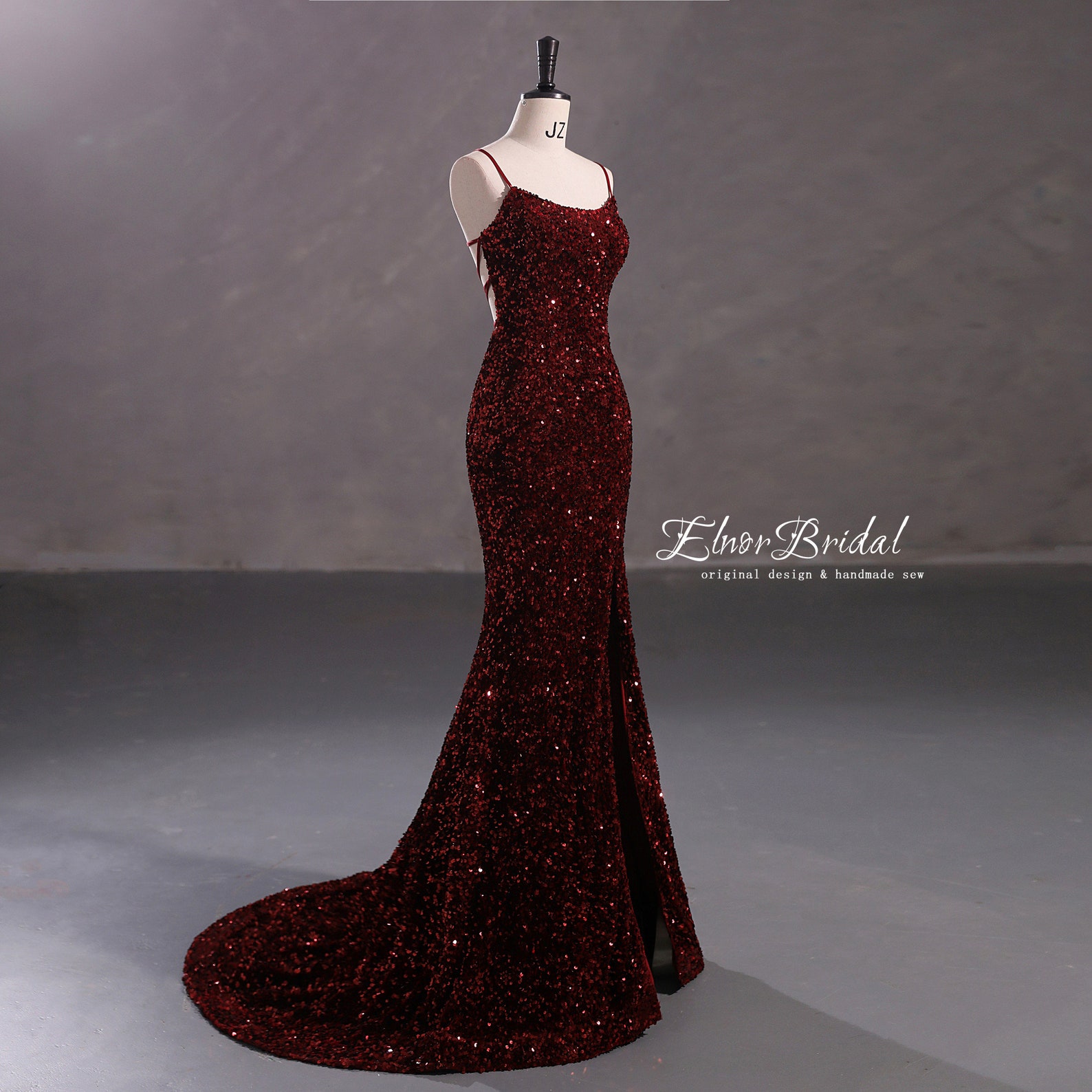 Gorgeous Burgundy Mermaid Split Prom Dress Long Sequins,DS4648