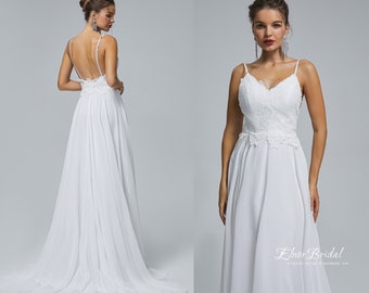 Minimalist White A Line Chiffon Wedding Dresses 2023,Sexy Beach Backless Wedding Gowns,Spaghetti Straps Lace Wedding Bridal Dress Handmade