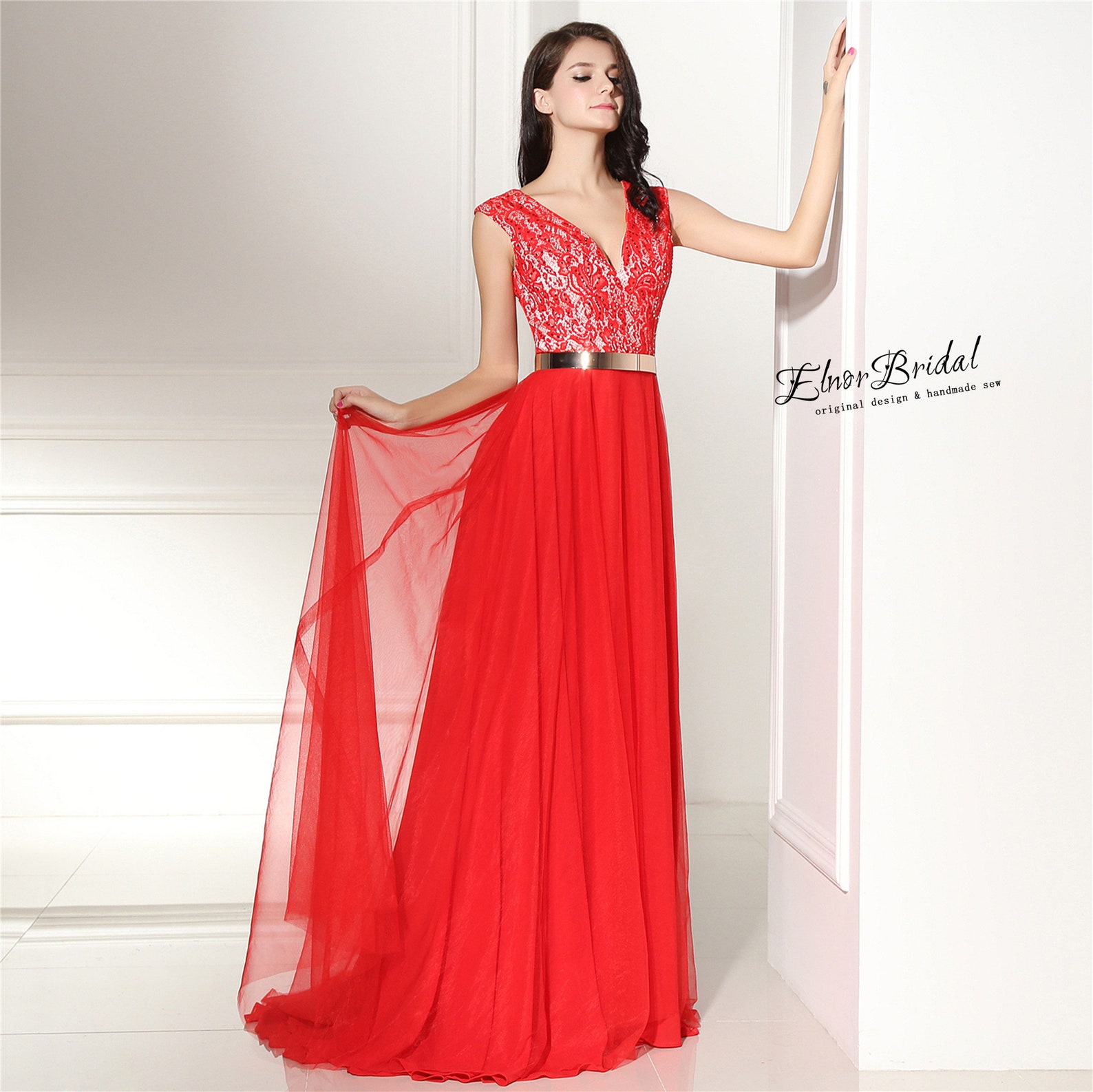 Modest Red Lace Prom Dresses Fairya Line Gold Belt Prom Dress Etsy