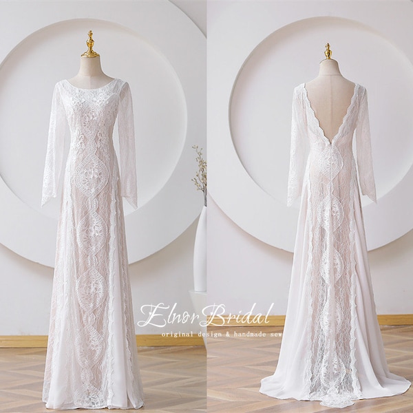 Boho Wedding Dress,Mermaid Lace Wedding Dresses,Long Sleeve Bridal Dress,Bohemian Wedding Gowns 2024