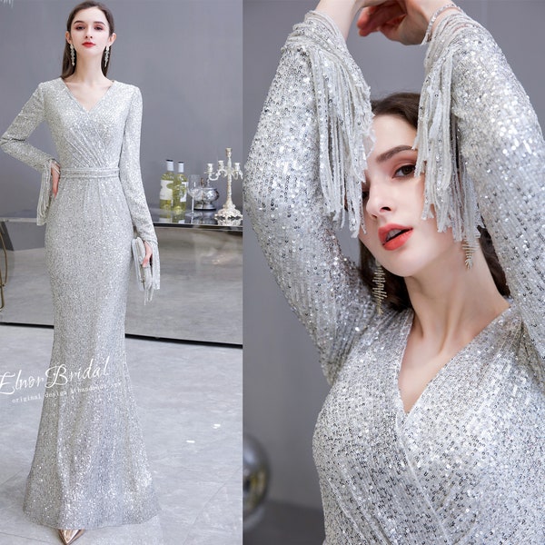 Luxury Silver Mermaid Sequins Prom Dresses,Long Sleeves Prom Dress,Formal Women Girls Evening Party Gowns,Handmade Wedding Guest Dress
