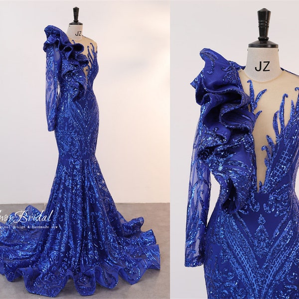 Royal Blue Mermaid One Shoulder Prom Dresses,Handmade V Neck Bridal Wedding Gowns,Long Sleeves Sequins Lace Formal Women Evening Dress