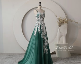 Elegant A Line Tulle Beach Wedding Dress,Dark Green Spaghetti Straps Lace Tulle Bridal Gowns,Handmade Outdoor Summer Wedding Dresses