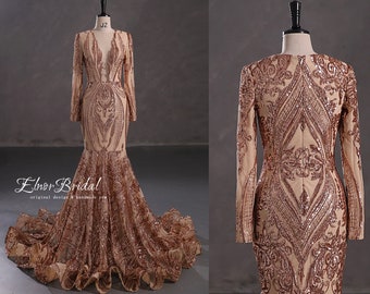 Champagne Mermaid Prom Dresses,Sequins Lace Long Sleeves Evening Dress,Sexy Deep V Neck Formal Women Imported Party Gowns,Wedding Dresses