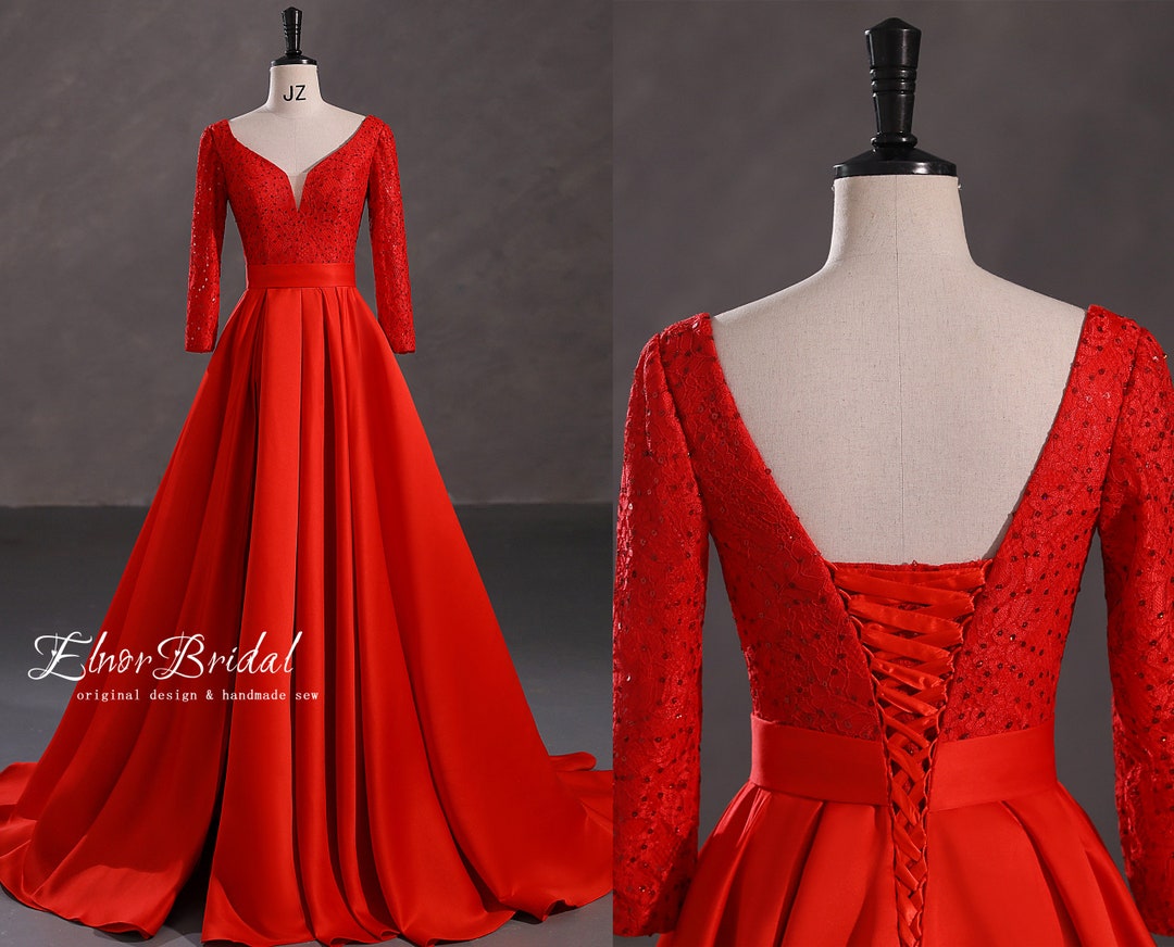 Red Long Sleeve Prom Dresses Fairy,beaded Lace Satin A Line Evening ...