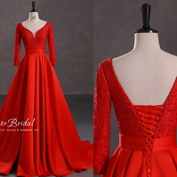 Red Long Sleeve Prom Dresses Fairy,Beaded Lace Satin A Line Evening Dress For Women,Open Back Side Split Formal Party Gowns,Wedding Dresses