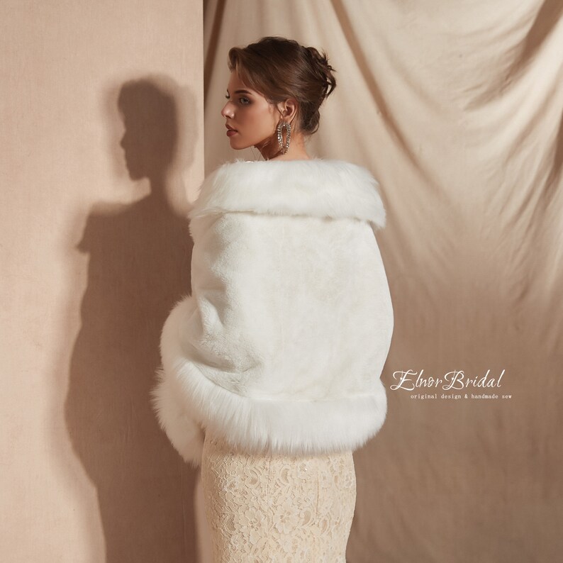 Elegant White Winter Wedding Wrap,Handmade Bridal Cape,Faux Fur Bridal Shrug / Stole / Shawl / Cape /Coat,Weddings Bridal Jacket image 2