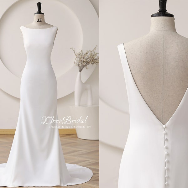 Minimalist Mermaid Brautkleider 2023, Sexy rückenfreie Brautkleid, handgefertigte Satin Button Zurück Strand Brautkleider