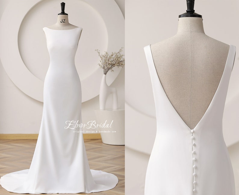 Minimalist Mermaid Brautkleider 2023, Sexy rückenfreie Brautkleid, handgefertigte Satin Button Zurück Strand Brautkleider Bild 1