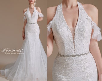 Vestidos de novia de sirena modesta, vestido de novia de encaje 2022, vestidos de novia sexys de cuello Halter V, vestidos de novia hechos a mano fuera del hombro