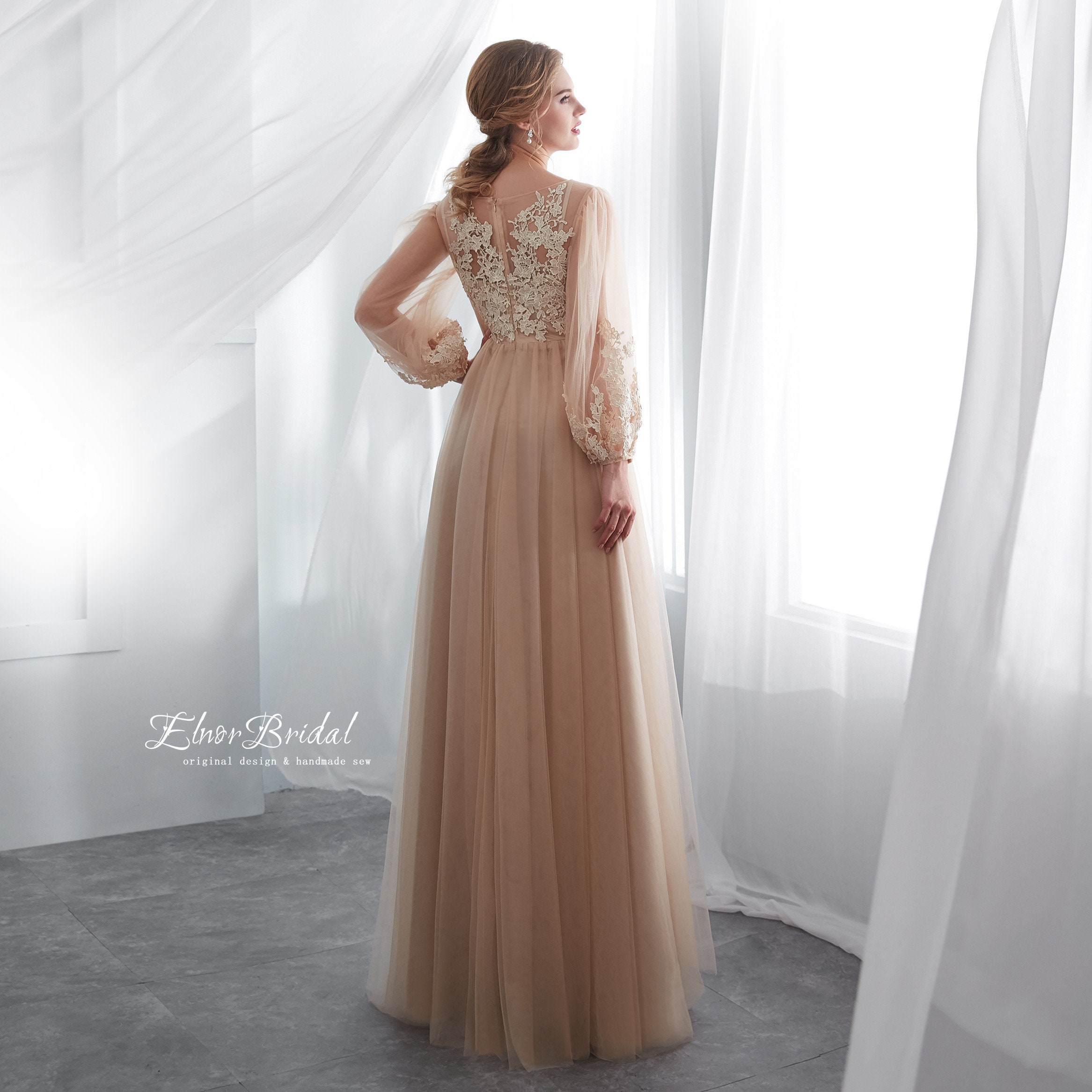 Long Sleeves Satin V-Neckline Champagne Evening Gown AC382 – Sparkly Gowns