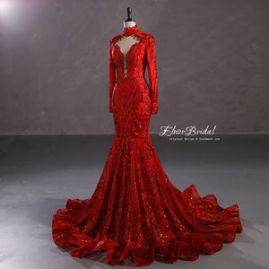 Elegant Red Lace Mermaid Prom Dresses,high Neck Long Sleeve Evening ...