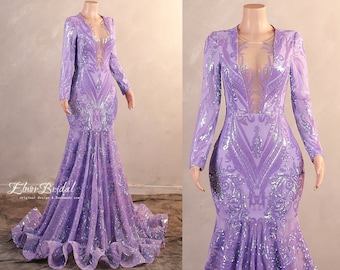 Lavender Mermaid Prom Dresses,Long Sleeves Sequins Lace Evening Dress,Formal Women Imported Party Gowns,Handmade Bridal Wedding Dresses