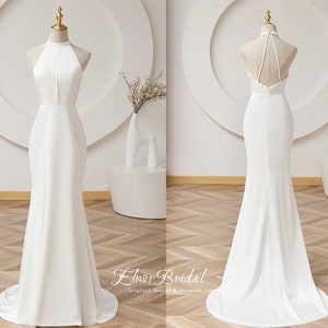 Elegant Beach Mermaid Wedding Dresses 2023,Minimalist Backless Wedding Dress Long,Sexy Halter Bridal Gowns,Handmade Sweep Train Bridal Dress