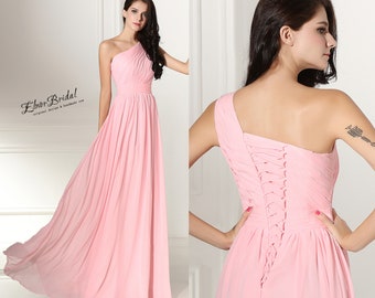 Pink Chiffon Bridesmaid Dresses Long,One Shoulder Prom Dress Fairy,A Line Maid Of Honor Dresses,Handmade Wedding Guest Dress