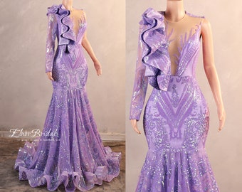 Lavender One Shoulder Prom Dresses Mermaid,Long Sleeves Sequins Lace Formal Women Evening Dress,Handmade V Neck Bridal Wedding Gowns