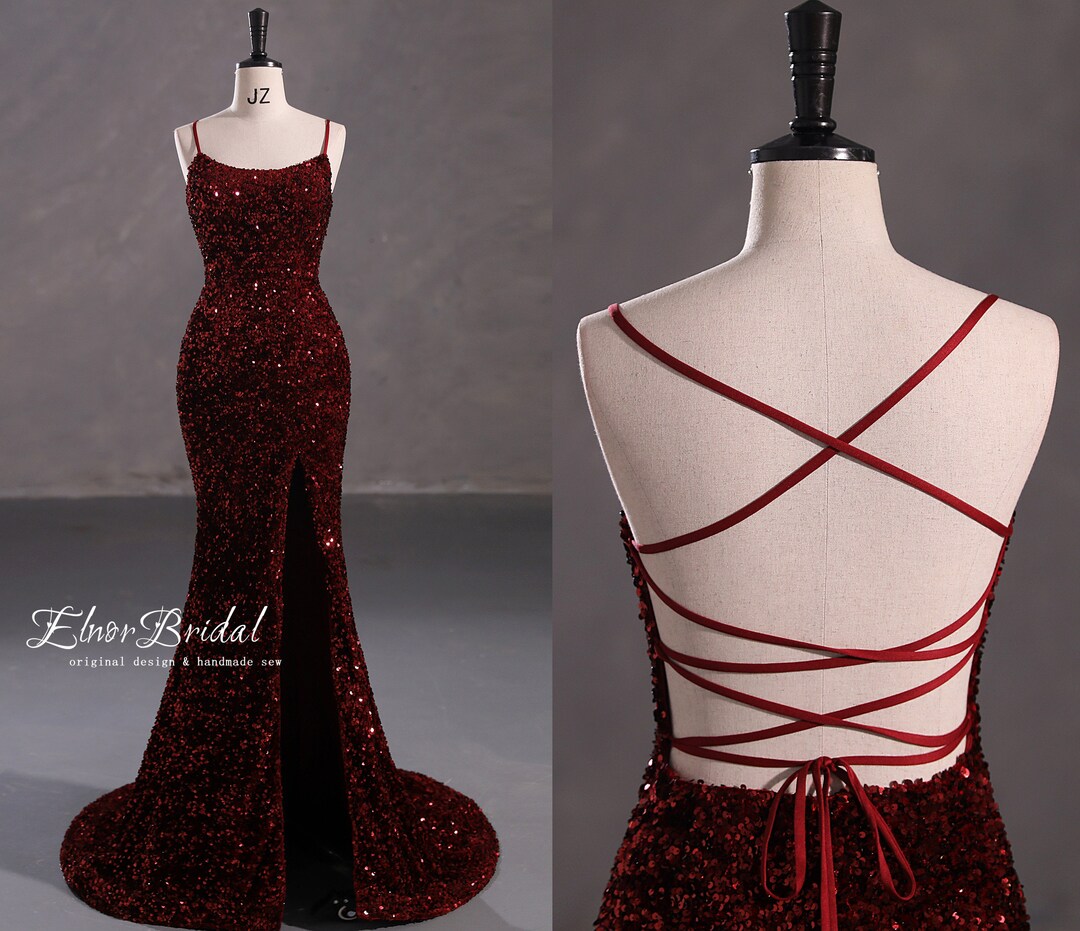 Burgundy Sequins Mermaid Sweetheart Corset Ruched Long Prom Dress With Slit