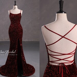 14214 Burgundy Open Back Sequins Mermaid Dress