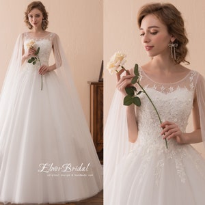 Elegant A Line Lace Tulle Wedding Dress With Shawl,Sheer Open Back Bridal Gowns,Handmade Beach Summer Wedding Dresses