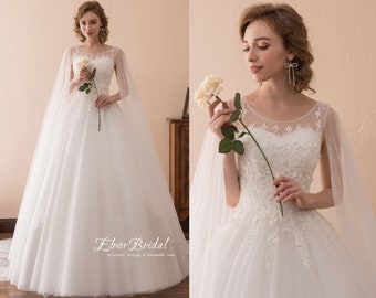 Elegantes A Line Lace Tüll Hochzeitskleid mit Schal, offene Rücken Brautkleider, Handgemachte Strand Sommer Hochzeitskleider