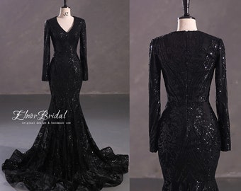 Arabic Lace Black Mermaid Prom Dresses,V Neck Long Sleeve Evening Dress,Formal Women Wedding Bridal Dresses,Sequins Lace Party Gowns