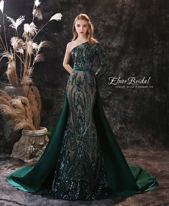 Eightale Arabic Evening Dresses for Wedding Party Dark Green One Shoulder  Beaded Pleats Formal Mermaid Celebrity Prom Gowns - AliExpress