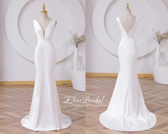 Minimalist Wedding Dress,Beach Mermaid Wedding Dresses 2023,Deep V Neck Bridal Dress,Handmade V Nack Satin Wedding Gowns