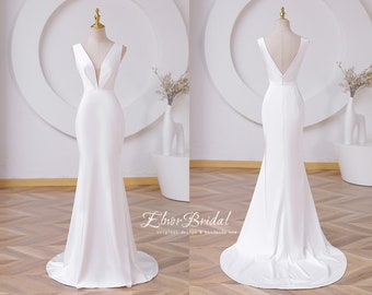 Robe de mariée minimaliste, robes de mariée sirène de plage 2023, robe de mariée à col en V profond, robes de mariée en Satin V Nack faites à la main