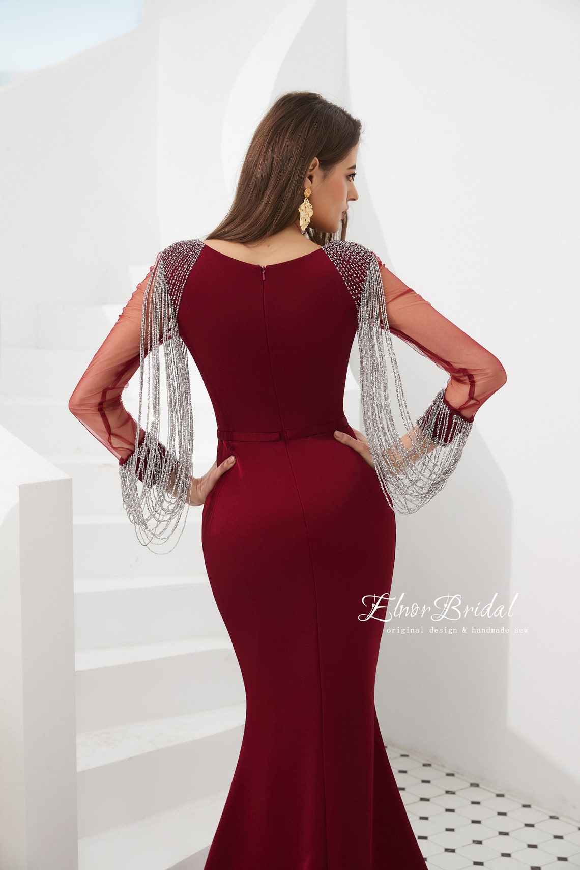 Elegant Burgundy High Collar Long Sleeve Sequin Mermaid Prom Dress