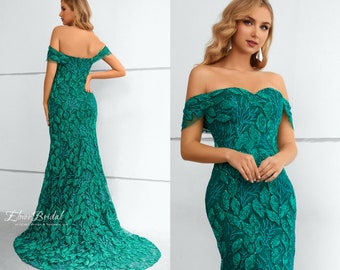 Teal Mermaid Formal Occasion Dresses For Women,Off The Shoulder Lace Evening Dress Long,Open Back Brithday Prom Party Dresses Handmade